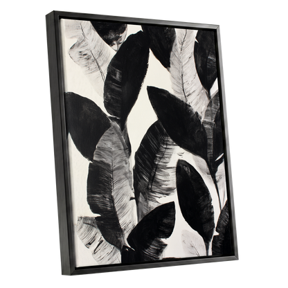 Shadowleaf Assembly, black, gray, white nature wall art shown as a black framed canvas wall art