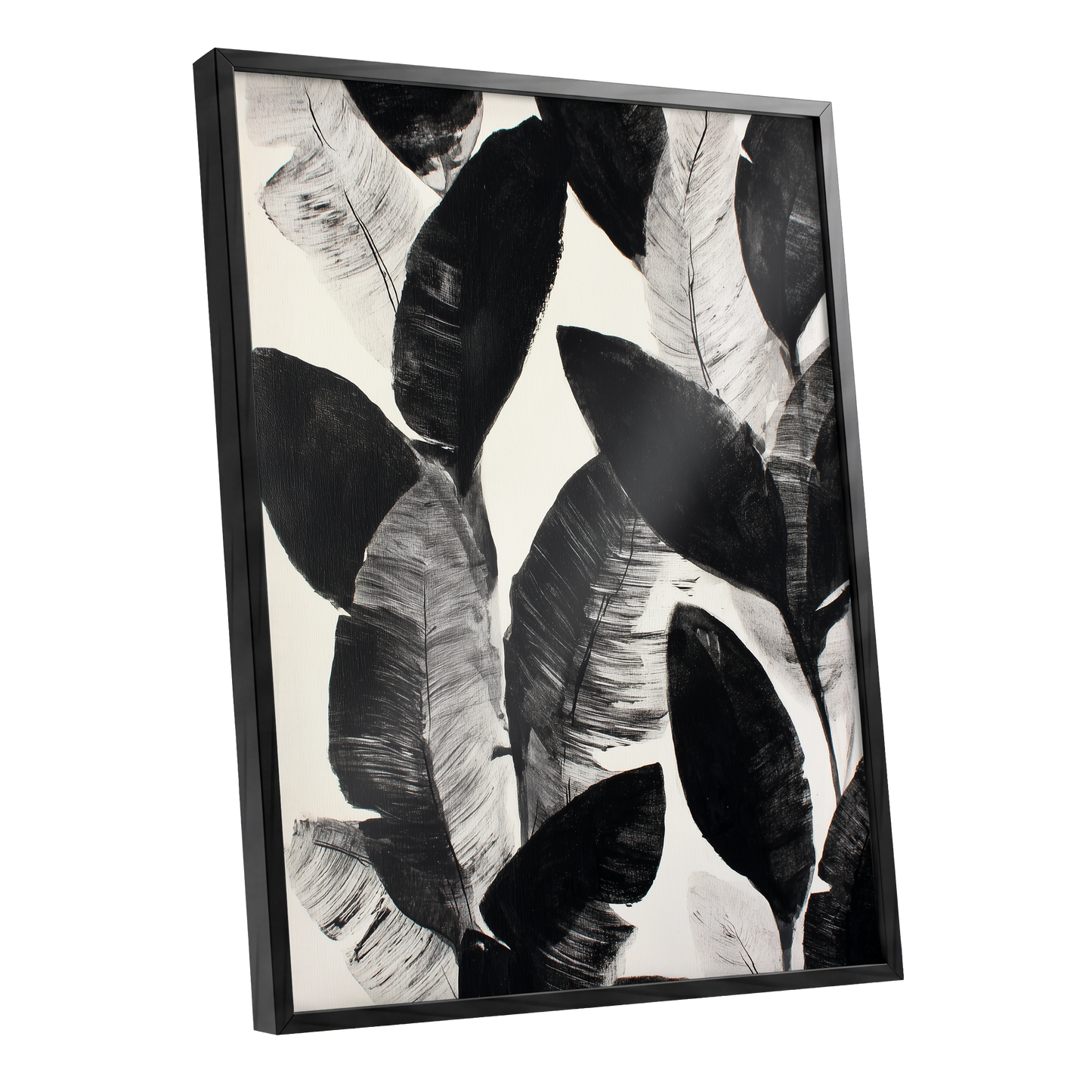 Shadowleaf Assembly, black, gray, white nature wall art shown as a black framed poster wall art print