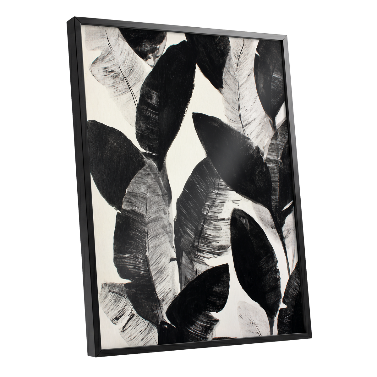 Shadowleaf Assembly, black, gray, white nature wall art shown as a black framed poster wall art print
