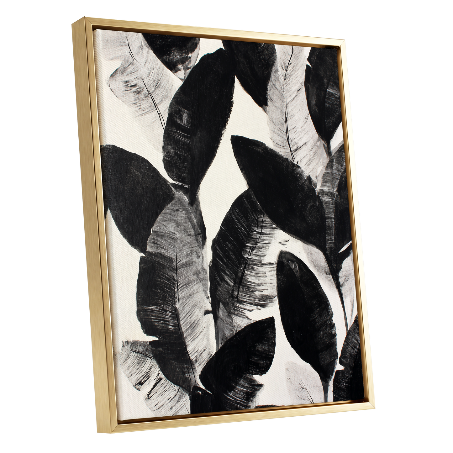 Shadowleaf Assembly, black, gray, white nature wall art shown as a gold framed canvas wall art