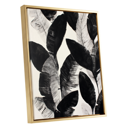 Shadowleaf Assembly, black, gray, white nature wall art shown as a gold framed canvas wall art