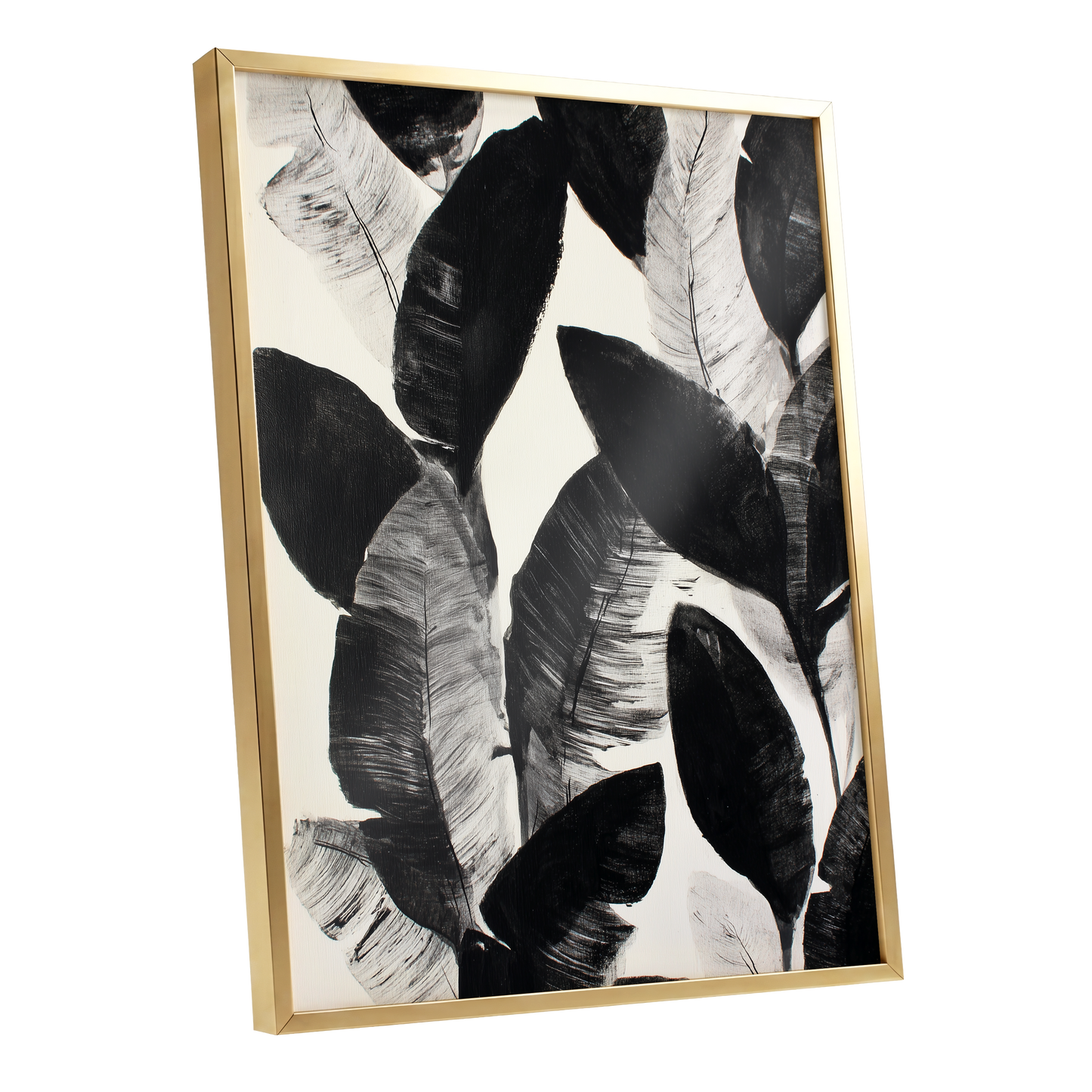 Shadowleaf Assembly, black, gray, white nature wall art shown as a gold framed poster wall art print