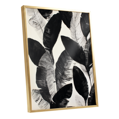 Shadowleaf Assembly, black, gray, white nature wall art shown as a gold framed poster wall art print