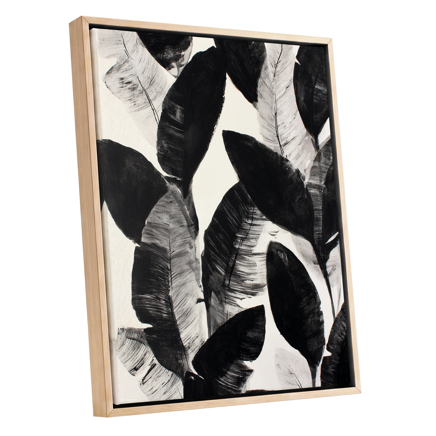 Shadowleaf Assembly, black, gray, white nature wall art shown as a oak framed canvas wall art
