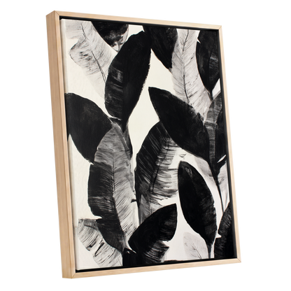 Shadowleaf Assembly, black, gray, white nature wall art shown as a oak framed canvas wall art