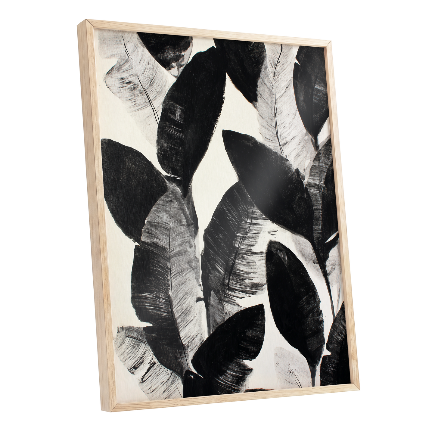 Shadowleaf Assembly, black, gray, white nature wall art shown as a oak framed poster wall art print
