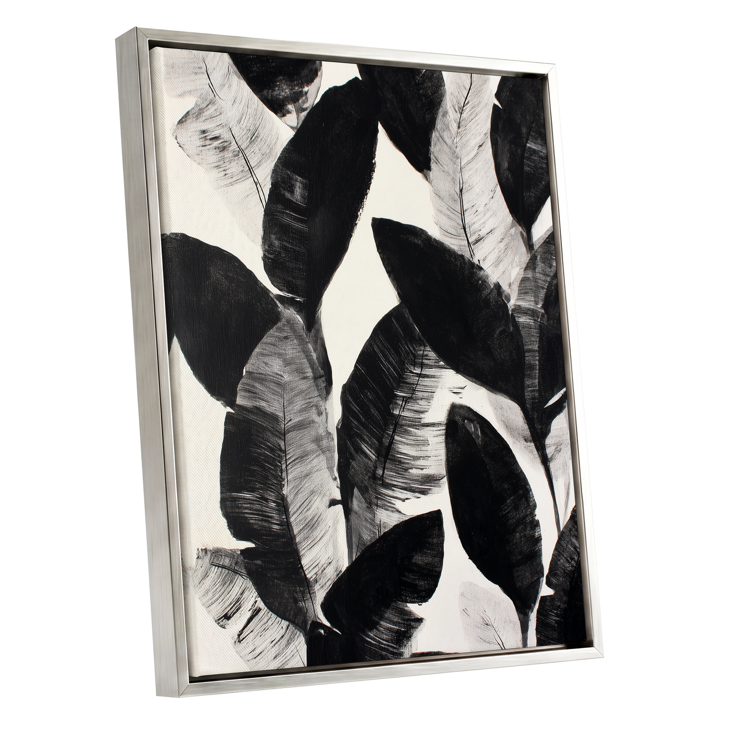 Shadowleaf Assembly, black, gray, white nature wall art shown as a silver framed canvas wall art