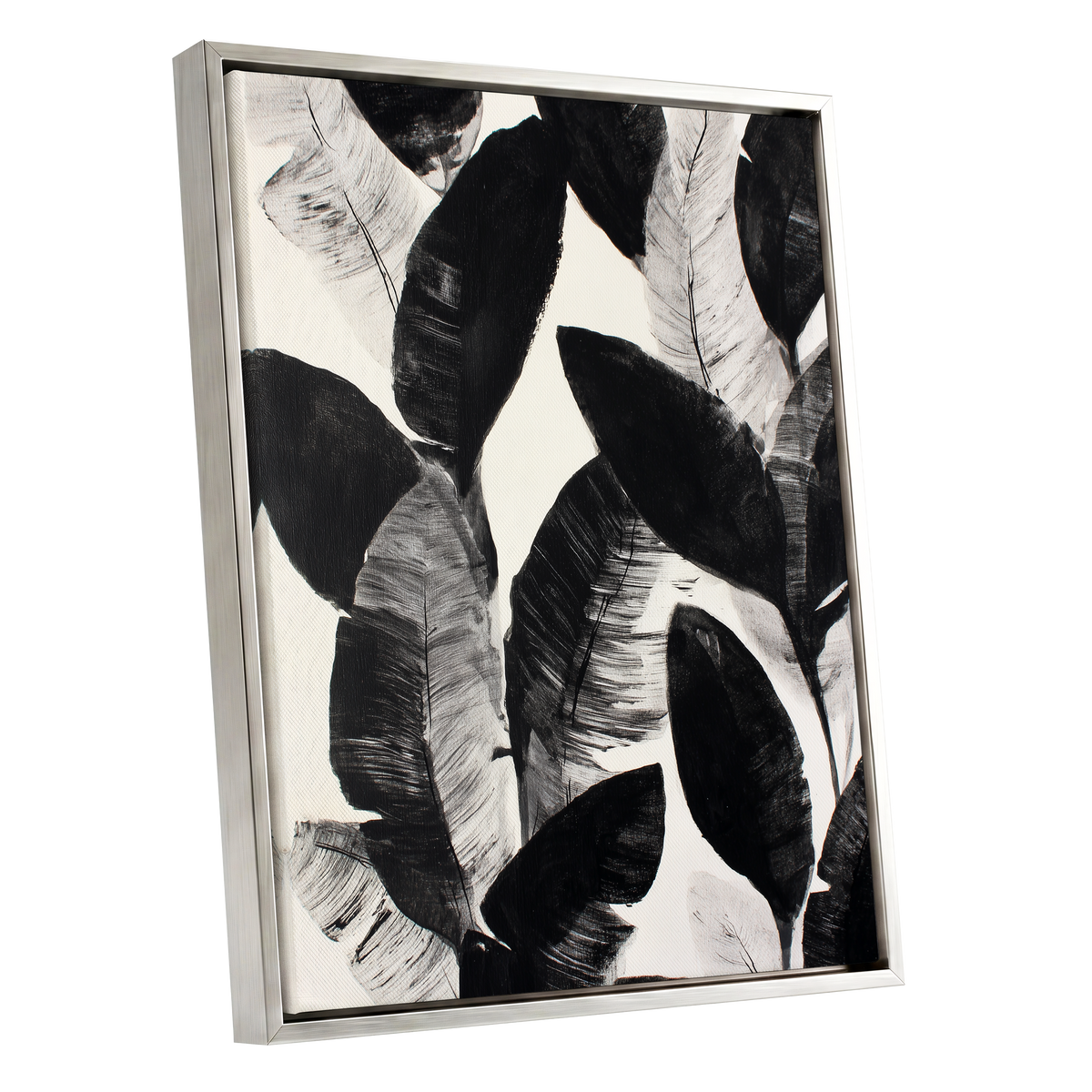 Shadowleaf Assembly, black, gray, white nature wall art shown as a silver framed canvas wall art