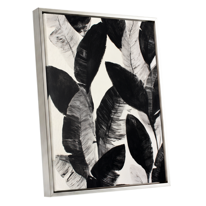 Shadowleaf Assembly, black, gray, white nature wall art shown as a silver framed canvas wall art
