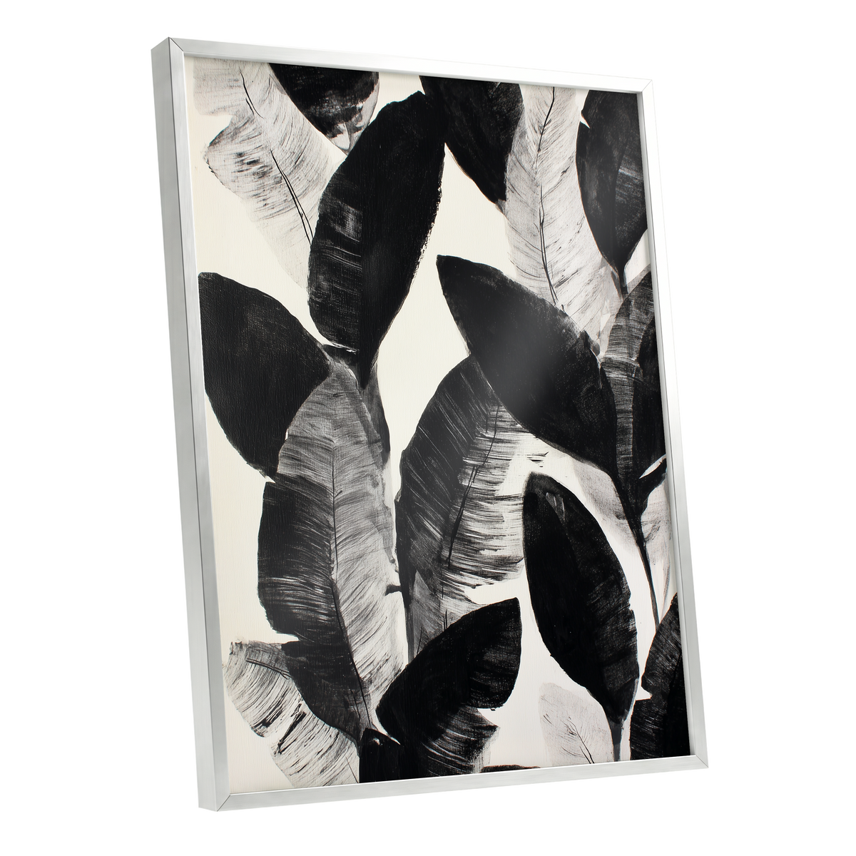 Shadowleaf Assembly, black, gray, white nature wall art shown as a silver framed poster wall art print