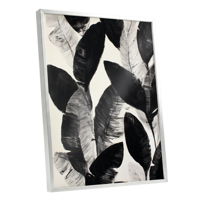 Shadowleaf Assembly, black, gray, white nature wall art shown as a silver framed poster wall art print
