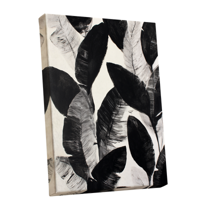 Shadowleaf Assembly, black, gray, white nature wall art shown as a stretched canvas wall art