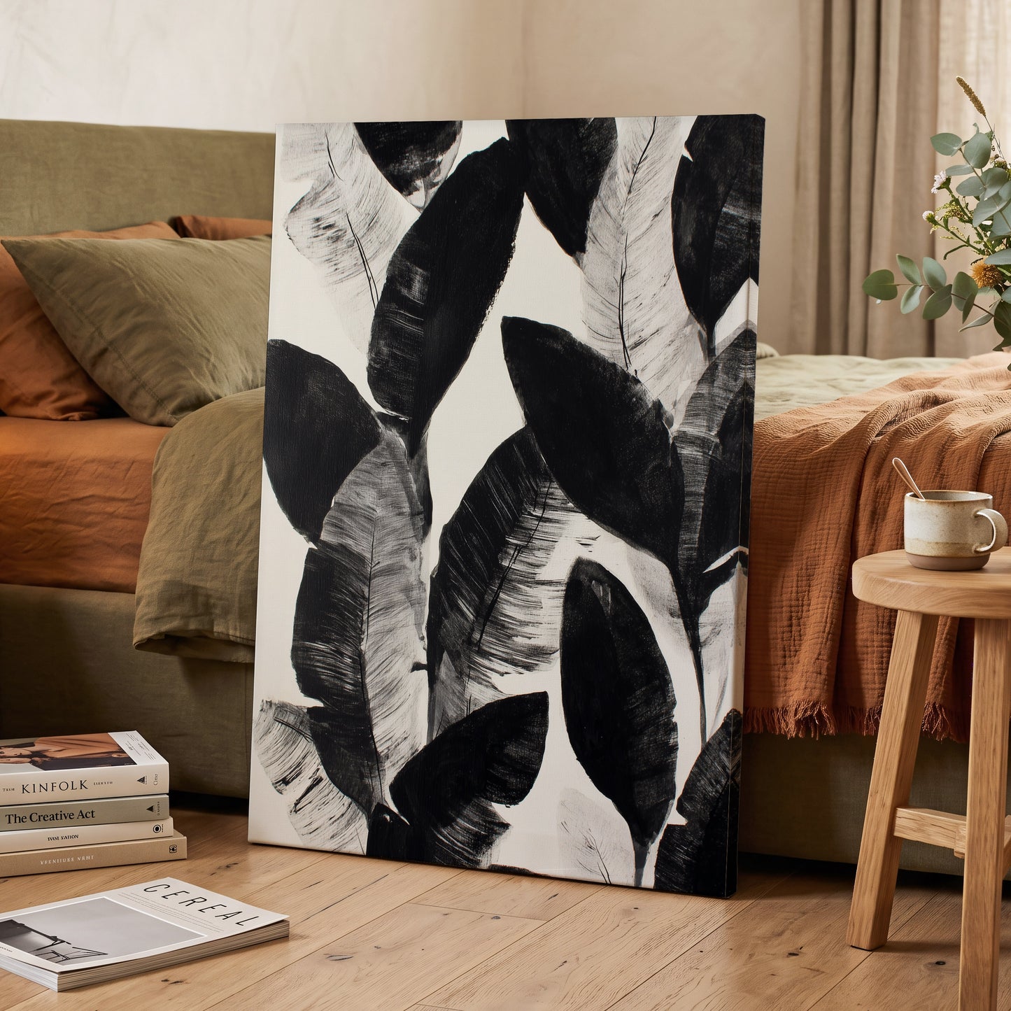 Shadowleaf Assembly, black, gray, white nature wall art displayed in a styled interior, gallery view 3