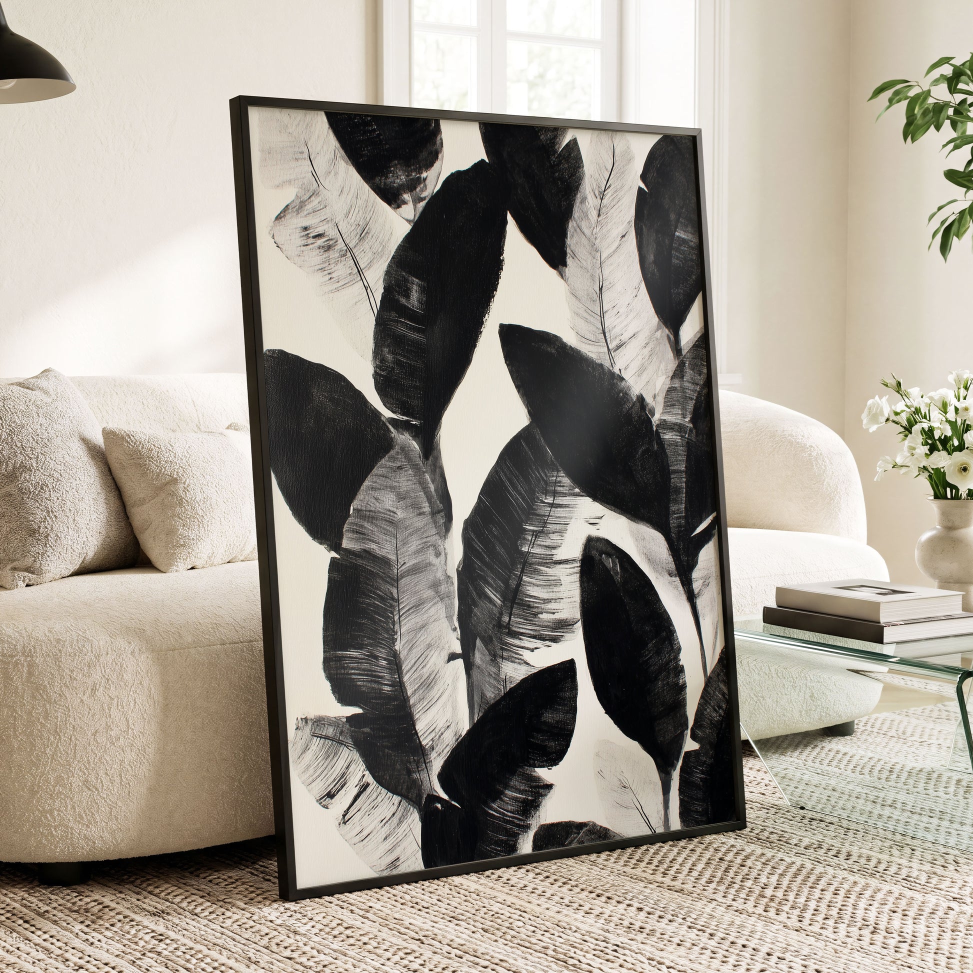 Shadowleaf Assembly, black, gray, white nature wall art displayed in a styled interior, gallery view 6