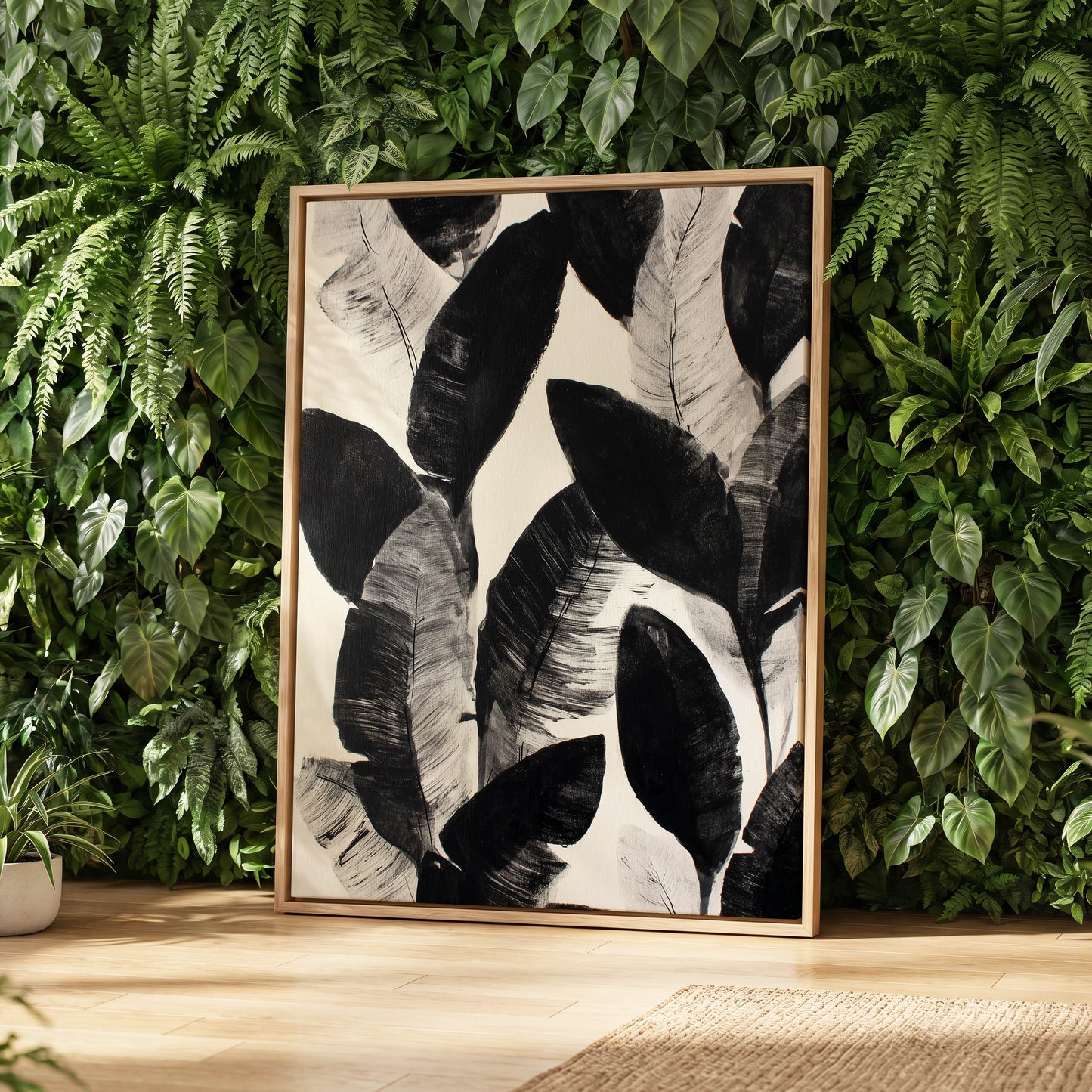 Shadowleaf Assembly, black, gray, white nature wall art displayed in a styled interior, gallery view 8