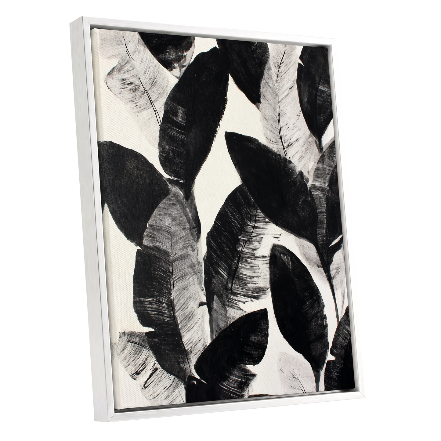 Shadowleaf Assembly, black, gray, white nature wall art shown as a white framed canvas wall art
