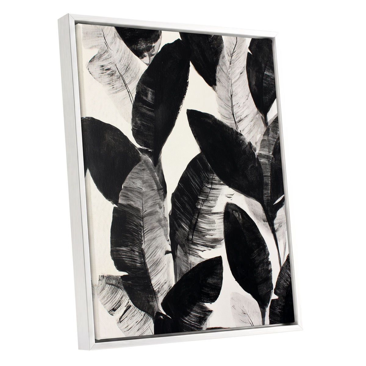 Shadowleaf Assembly, black, gray, white nature wall art shown as a white framed canvas wall art