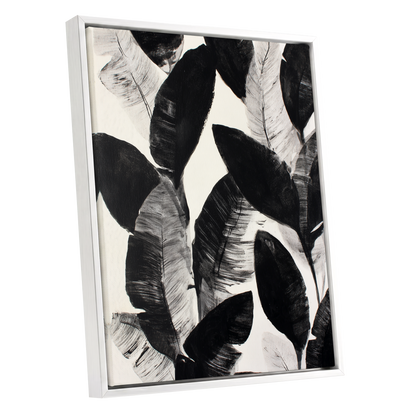 Shadowleaf Assembly, black, gray, white nature wall art shown as a white framed canvas wall art