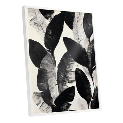 Shadowleaf Assembly, black, gray, white nature wall art shown as a white framed poster wall art print
