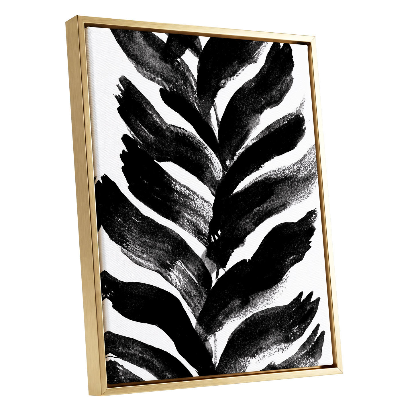 Shadowleaf Rhythm, black, white, gray nature wall art shown as a gold framed canvas wall art