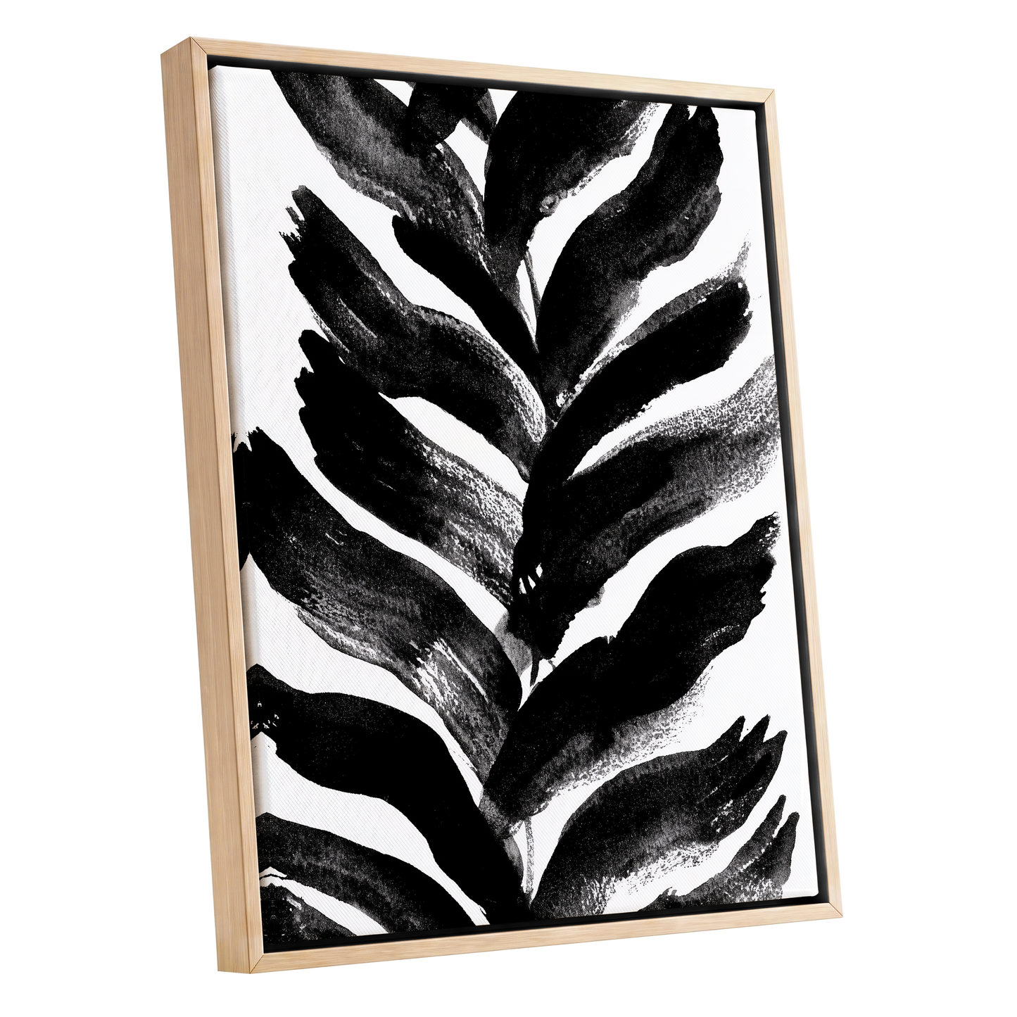Shadowleaf Rhythm, black, white, gray nature wall art shown as a oak framed canvas wall art