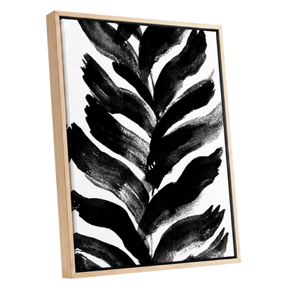 Shadowleaf Rhythm, black, white, gray nature wall art shown as a oak framed canvas wall art
