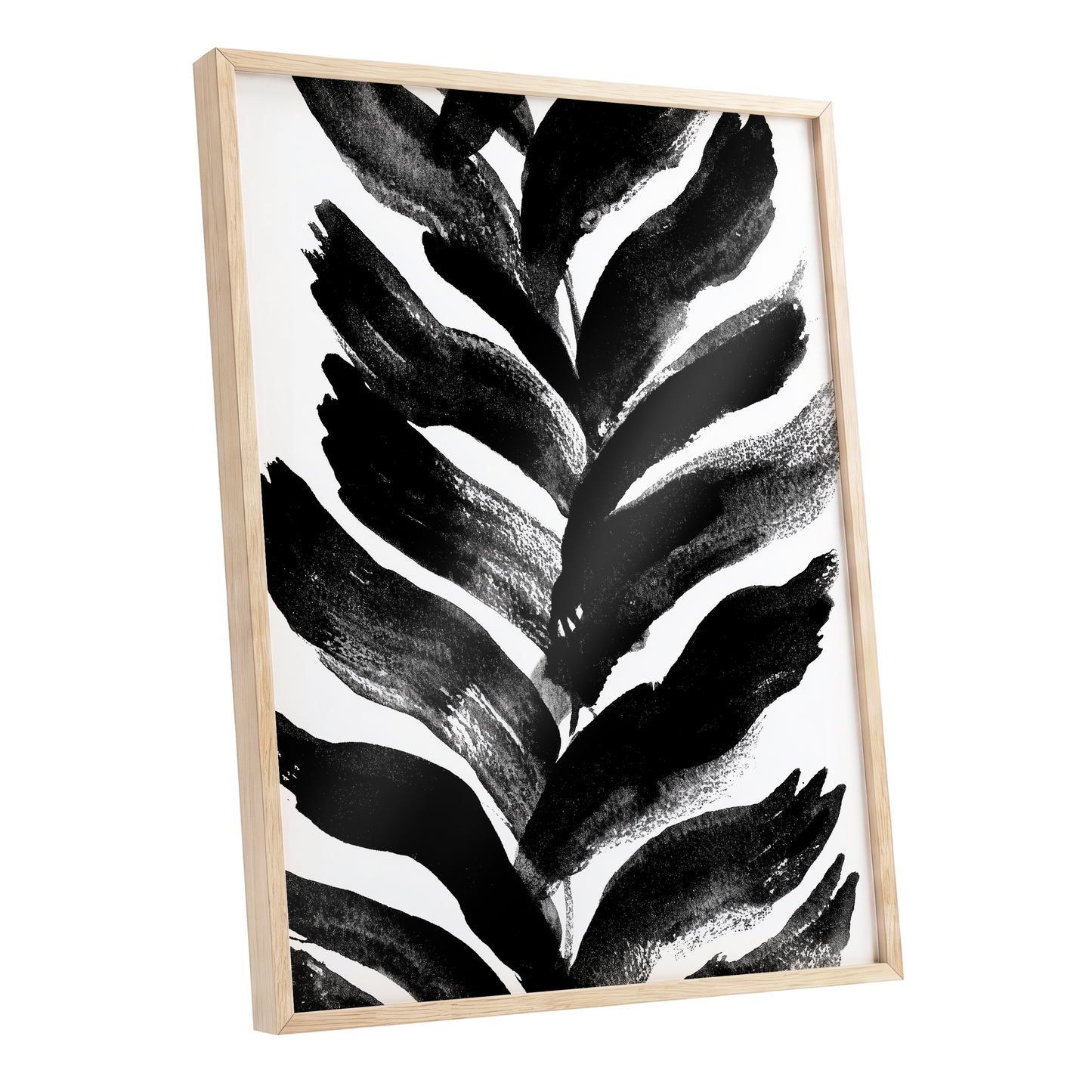 Shadowleaf Rhythm, black, white, gray nature wall art shown as a oak framed poster wall art print