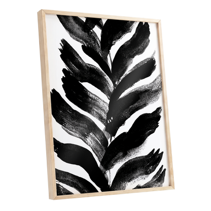Shadowleaf Rhythm, black, white, gray nature wall art shown as a oak framed poster wall art print