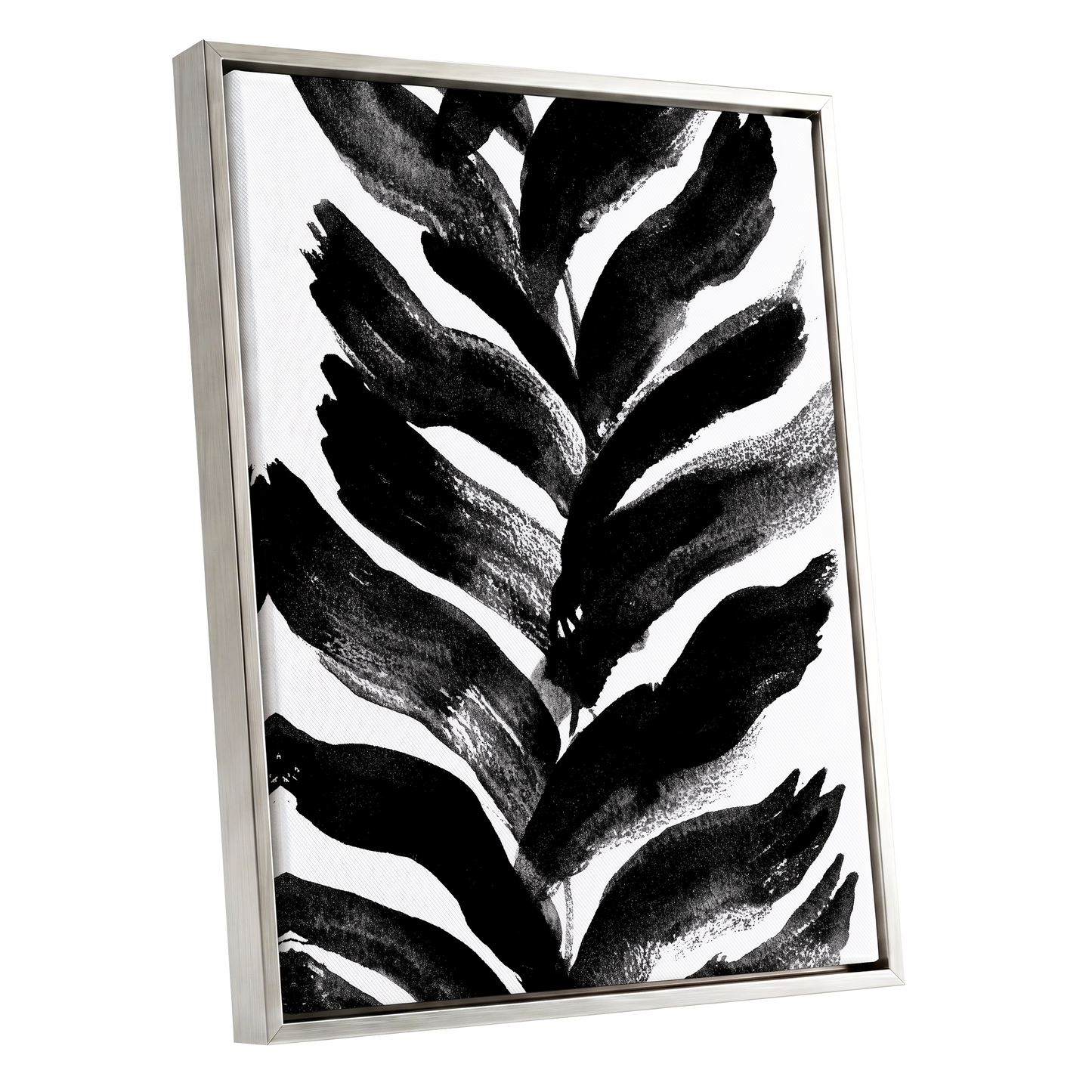 Shadowleaf Rhythm, black, white, gray nature wall art shown as a silver framed canvas wall art