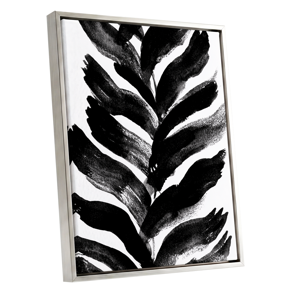 Shadowleaf Rhythm, black, white, gray nature wall art shown as a silver framed canvas wall art
