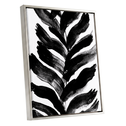 Shadowleaf Rhythm, black, white, gray nature wall art shown as a silver framed canvas wall art