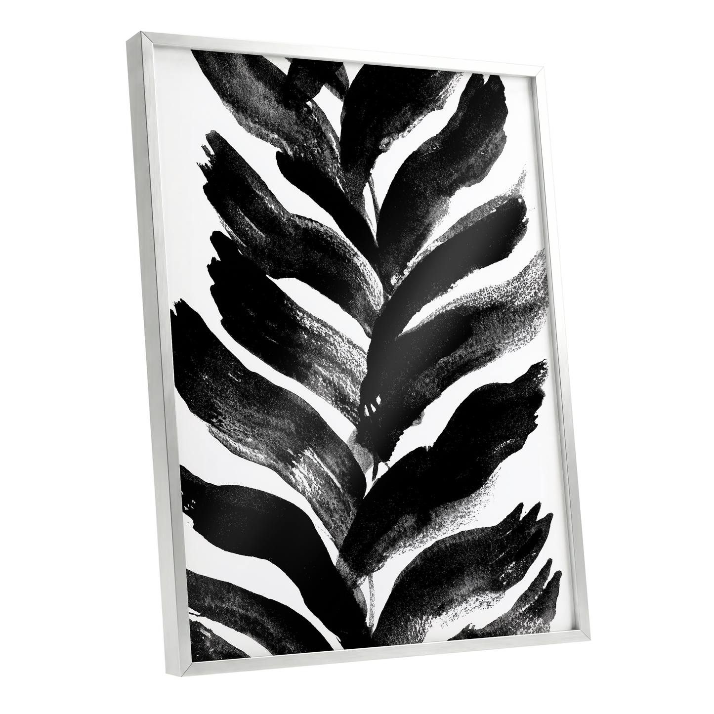 Shadowleaf Rhythm, black, white, gray nature wall art shown as a silver framed poster wall art print