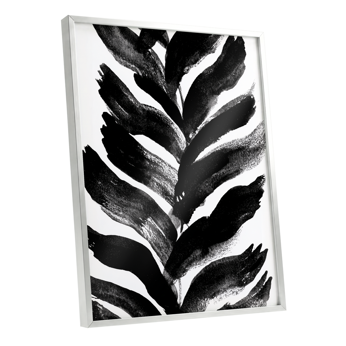 Shadowleaf Rhythm, black, white, gray nature wall art shown as a silver framed poster wall art print