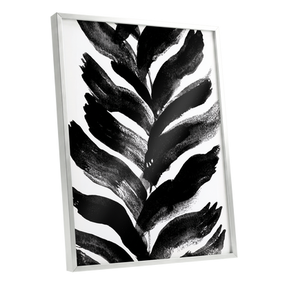 Shadowleaf Rhythm, black, white, gray nature wall art shown as a silver framed poster wall art print