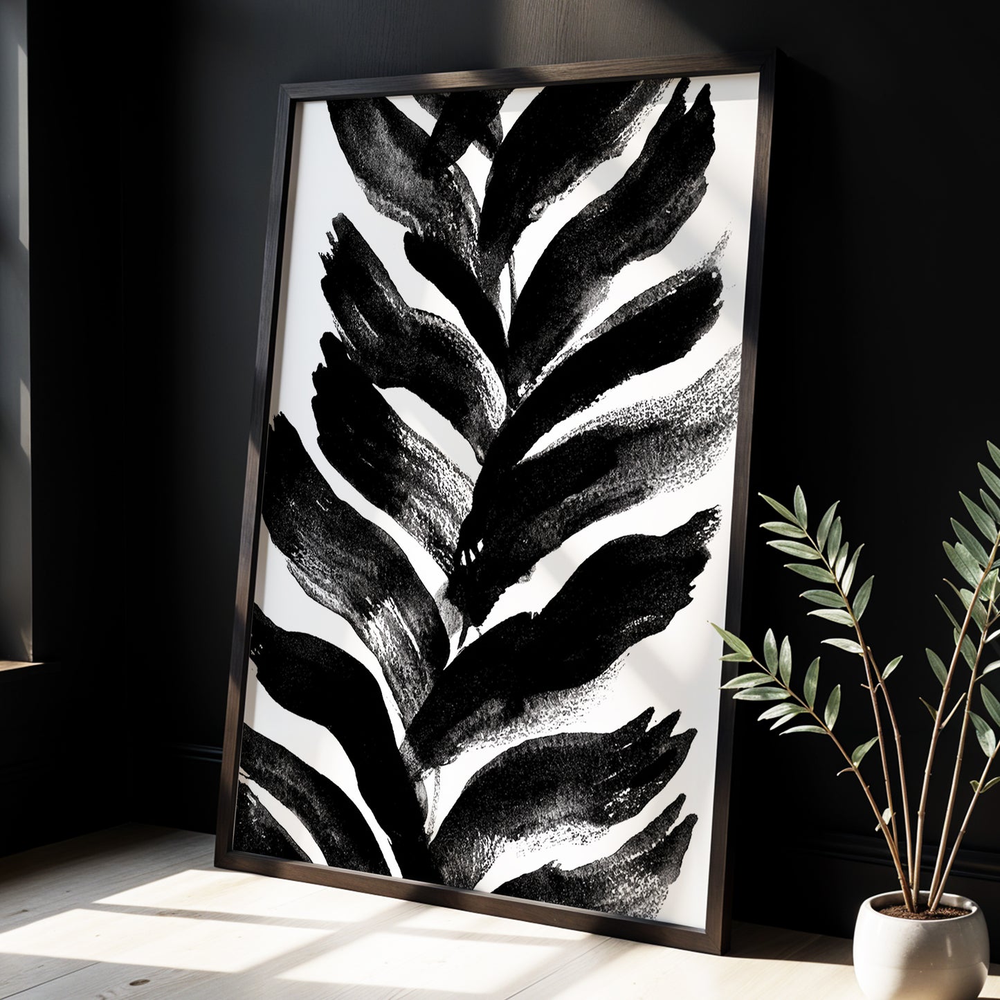 Shadowleaf Rhythm, black, white, gray nature wall art displayed in a styled interior, gallery view 2