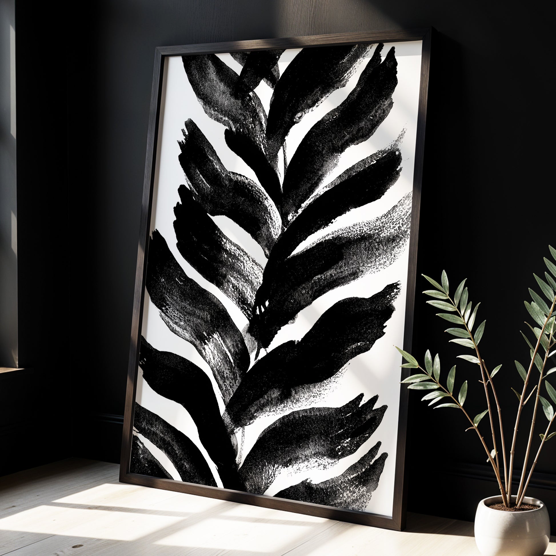 Shadowleaf Rhythm, black, white, gray nature wall art displayed in a styled interior, gallery view 2