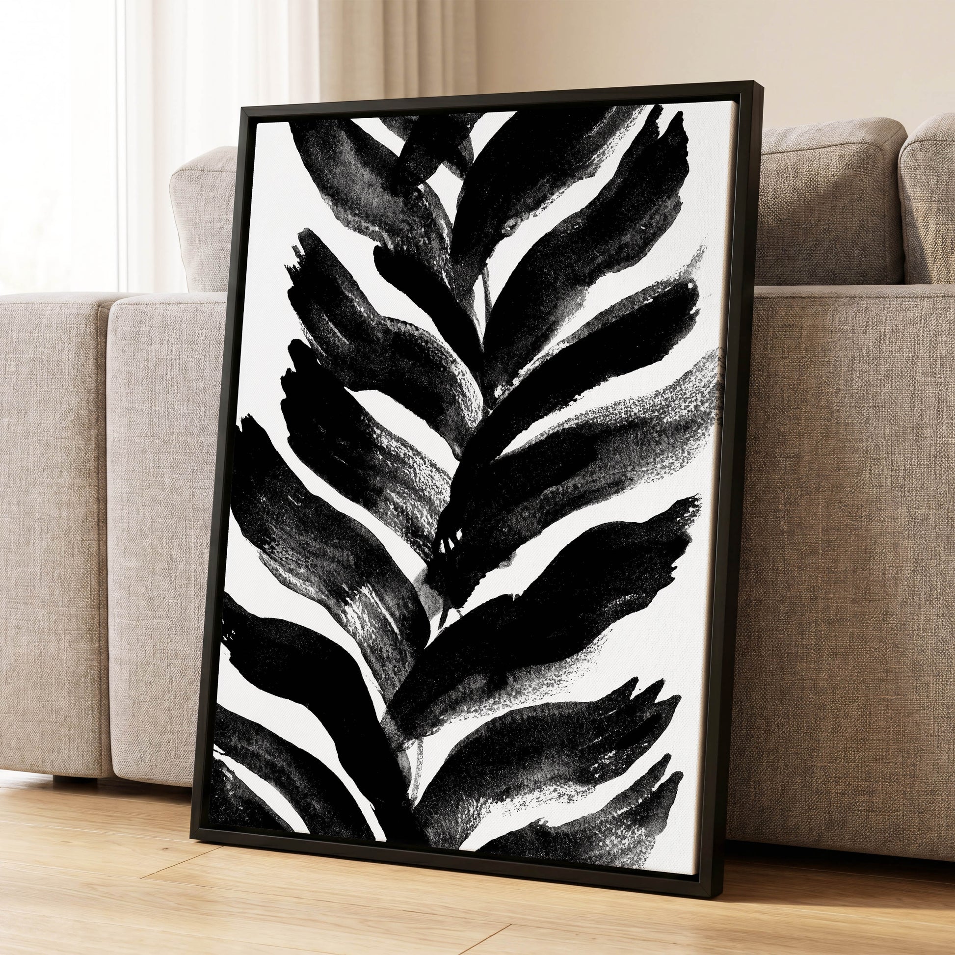 Shadowleaf Rhythm, black, white, gray nature wall art displayed in a styled interior, gallery view 4