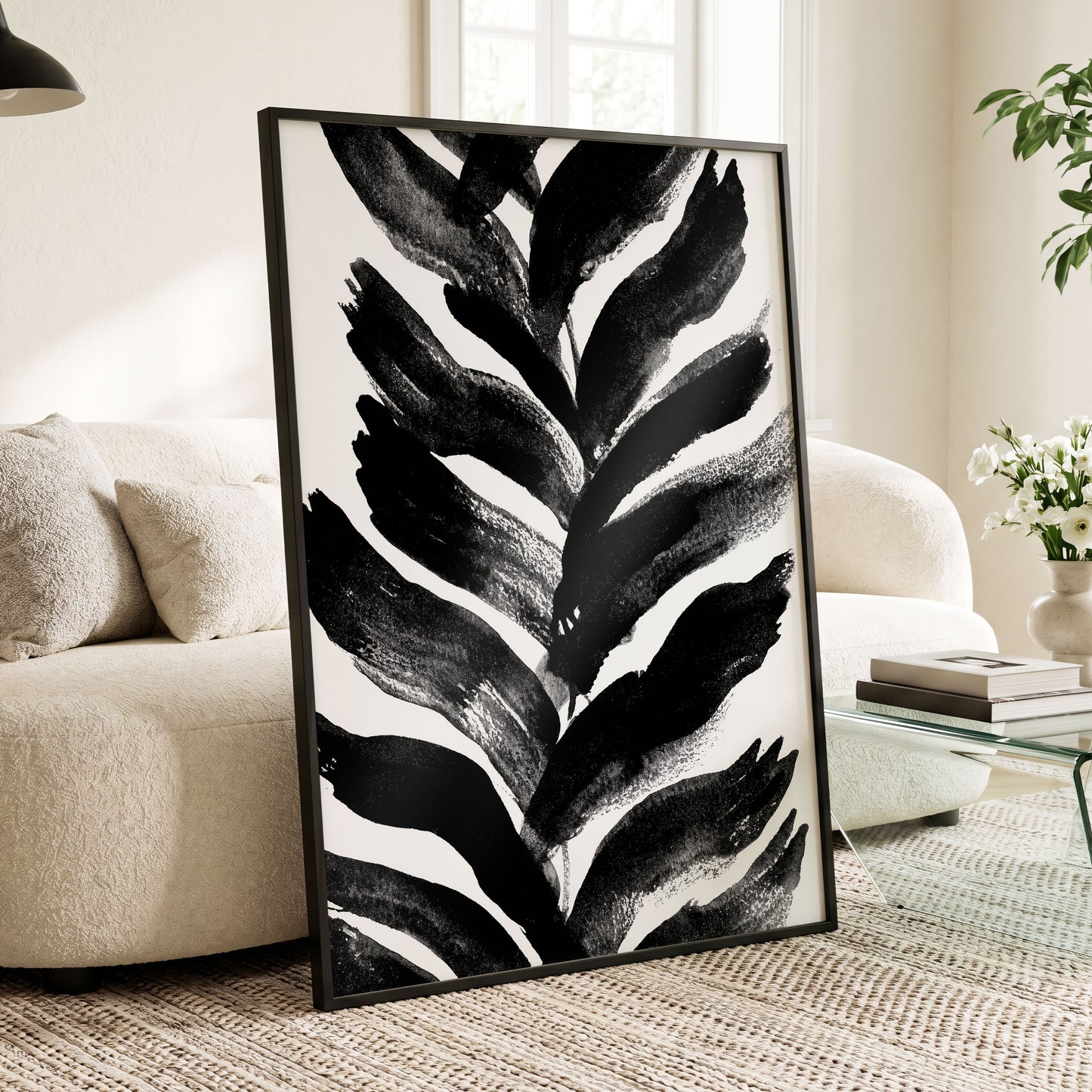 Shadowleaf Rhythm, black, white, gray nature wall art displayed in a styled interior, gallery view 6