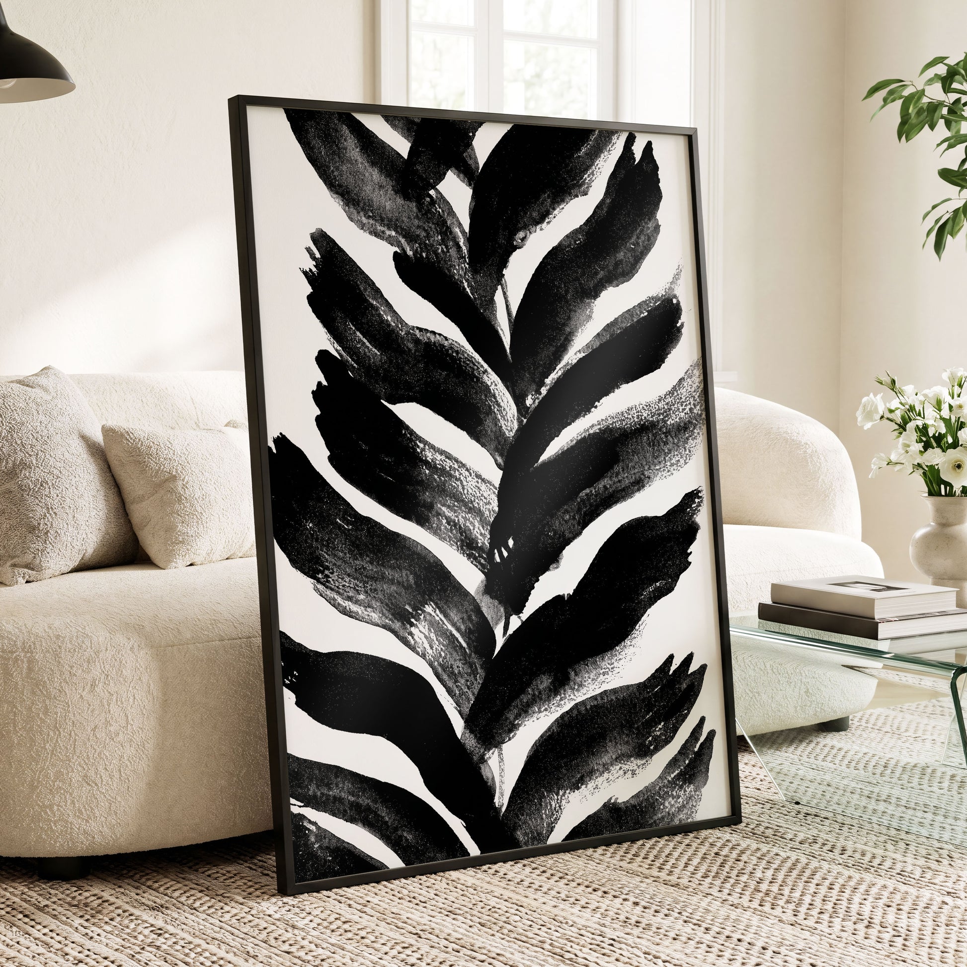 Shadowleaf Rhythm, black, white, gray nature wall art displayed in a styled interior, gallery view 6