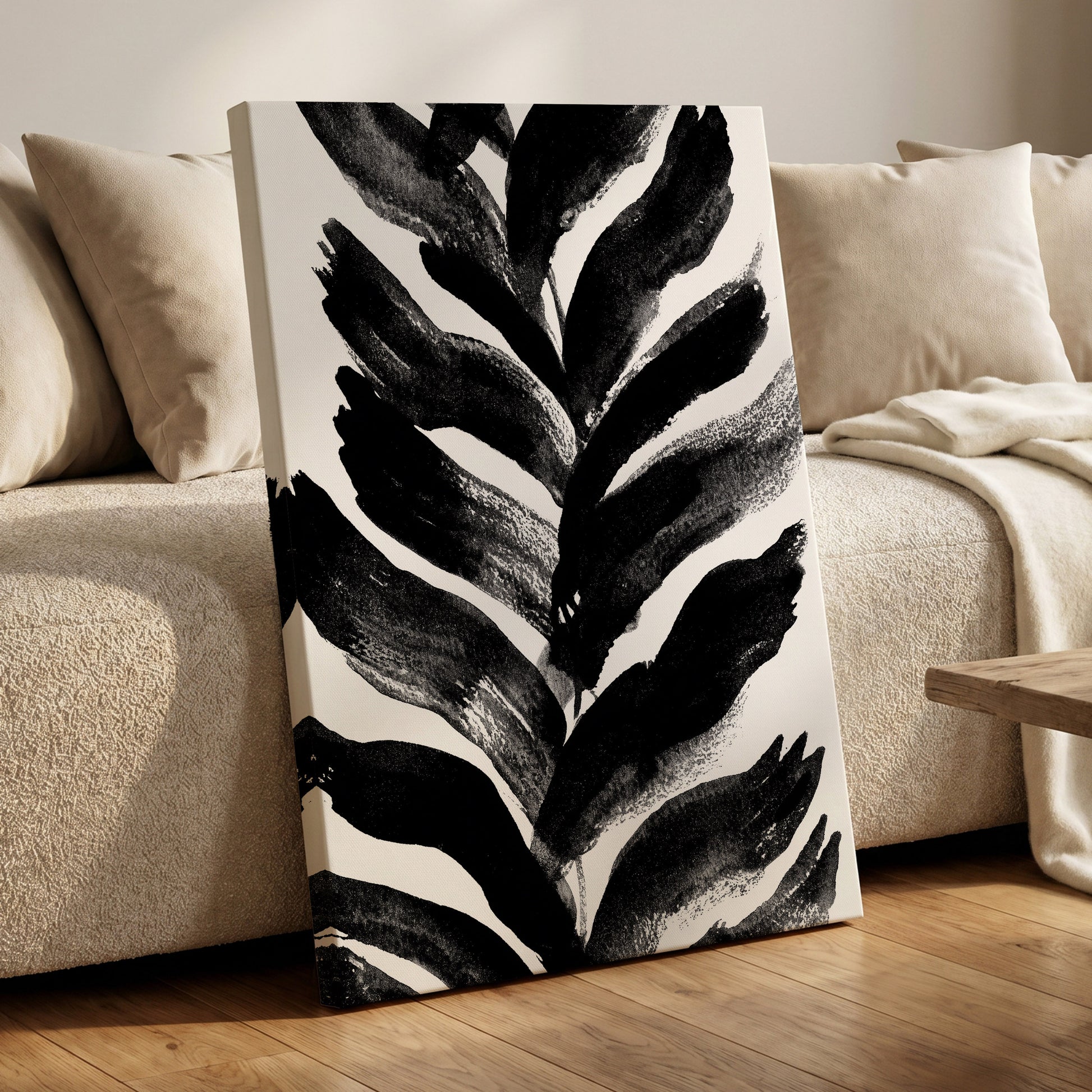 Shadowleaf Rhythm, black, white, gray nature wall art displayed in a styled interior, gallery view 7