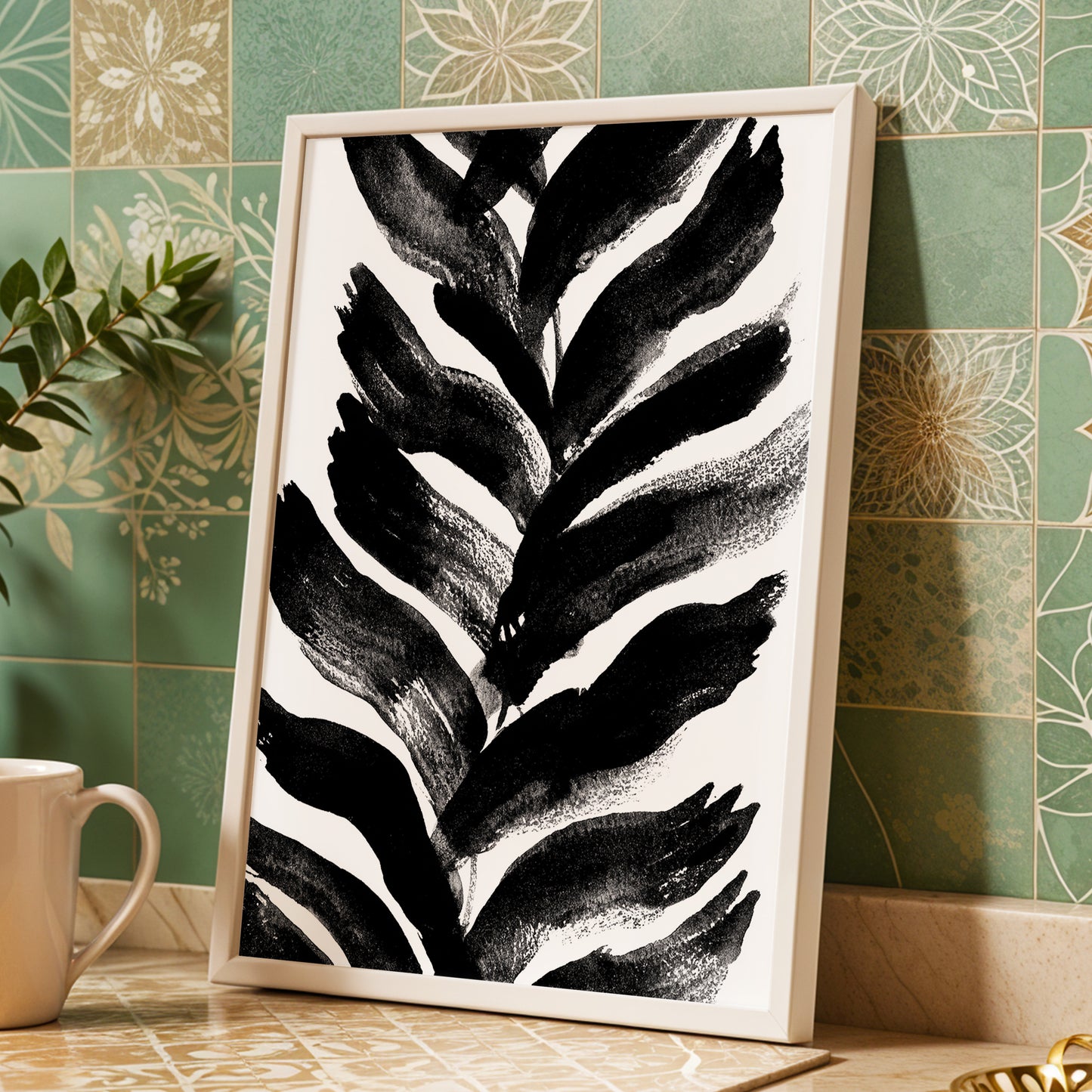Shadowleaf Rhythm, black, white, gray nature wall art displayed in a styled interior, gallery view 9