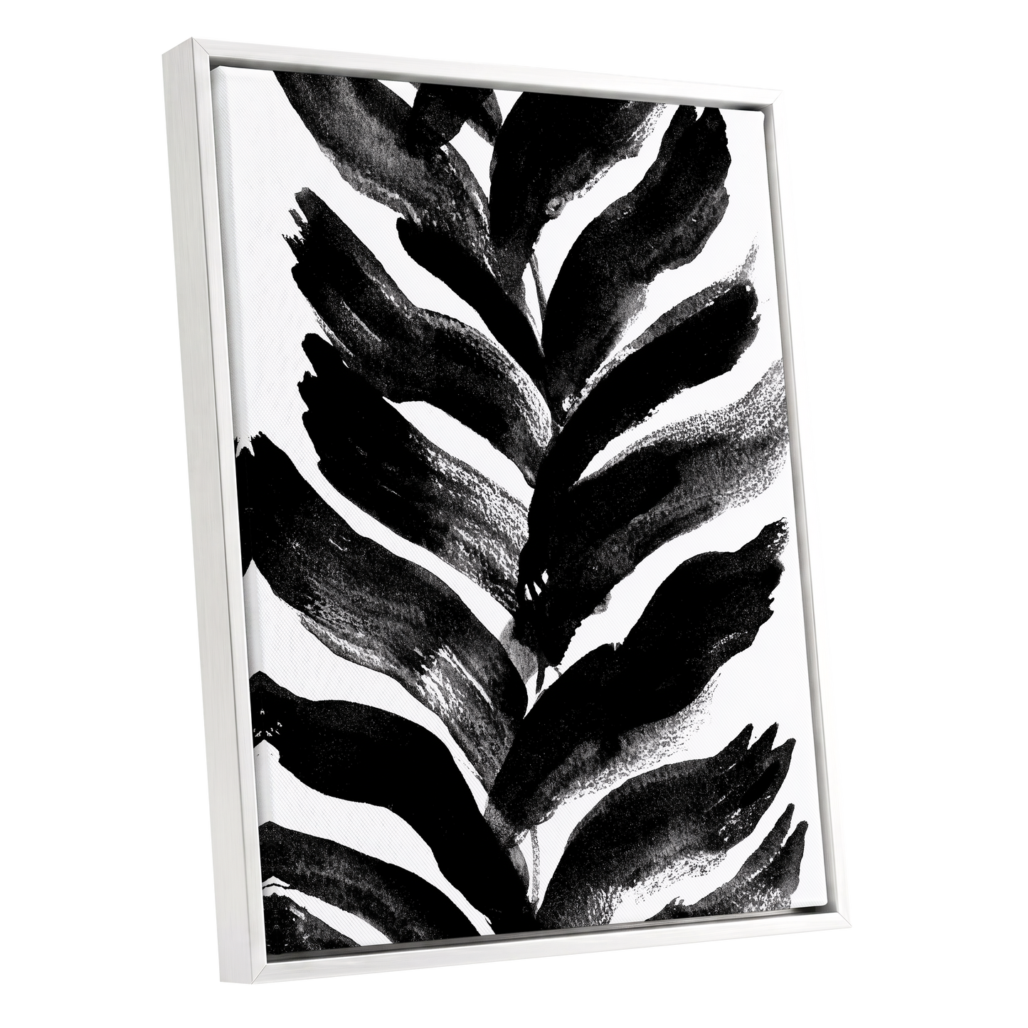 Shadowleaf Rhythm, black, white, gray nature wall art shown as a white framed canvas wall art