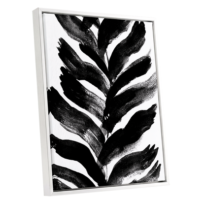 Shadowleaf Rhythm, black, white, gray nature wall art shown as a white framed canvas wall art