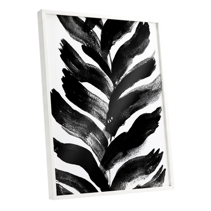 Shadowleaf Rhythm, black, white, gray nature wall art shown as a white framed poster wall art print