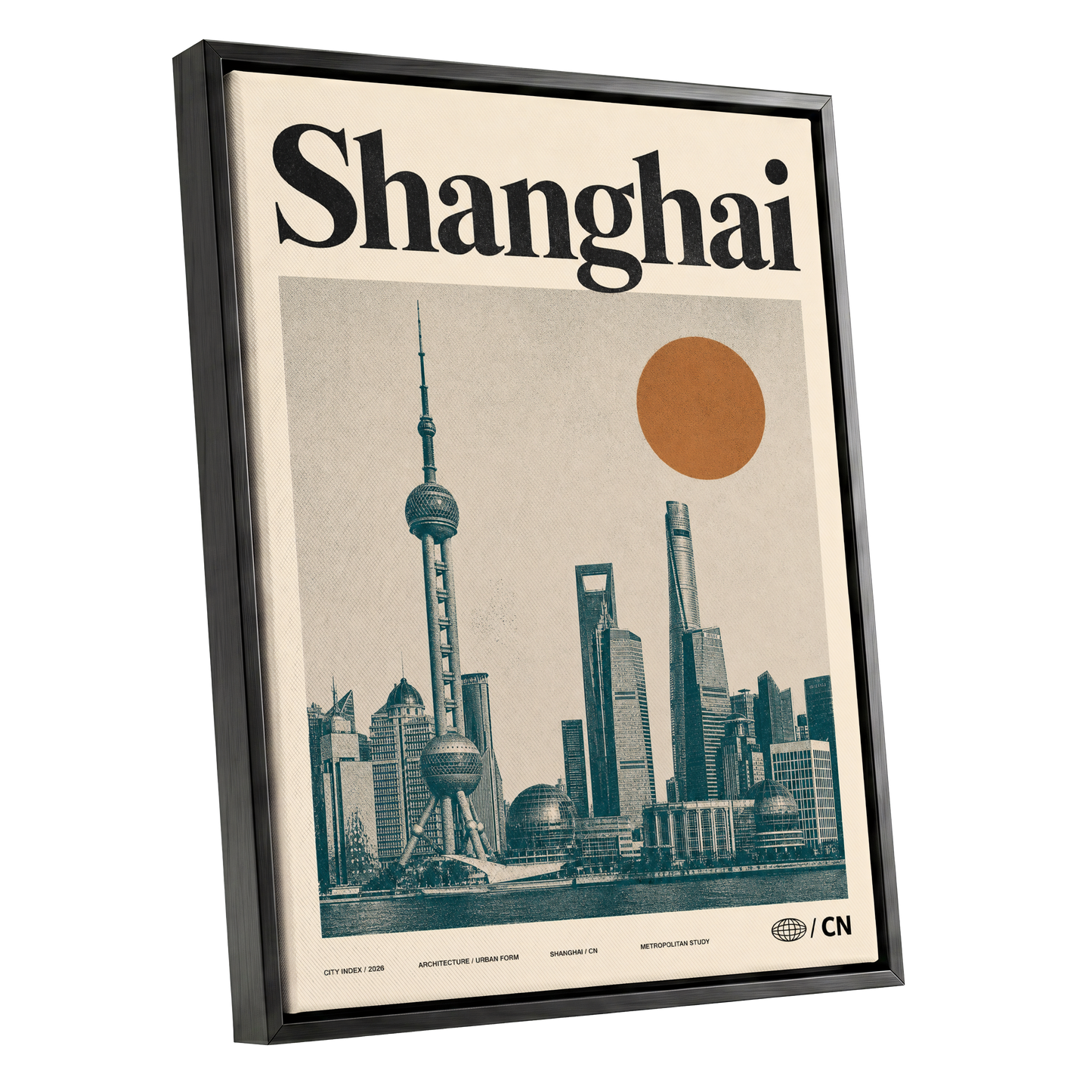 Shanghai Sun Study, beige, black, orange minimalist wall art shown as a black framed canvas wall art