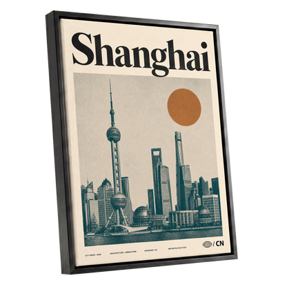 Shanghai Sun Study, beige, black, orange minimalist wall art shown as a black framed canvas wall art