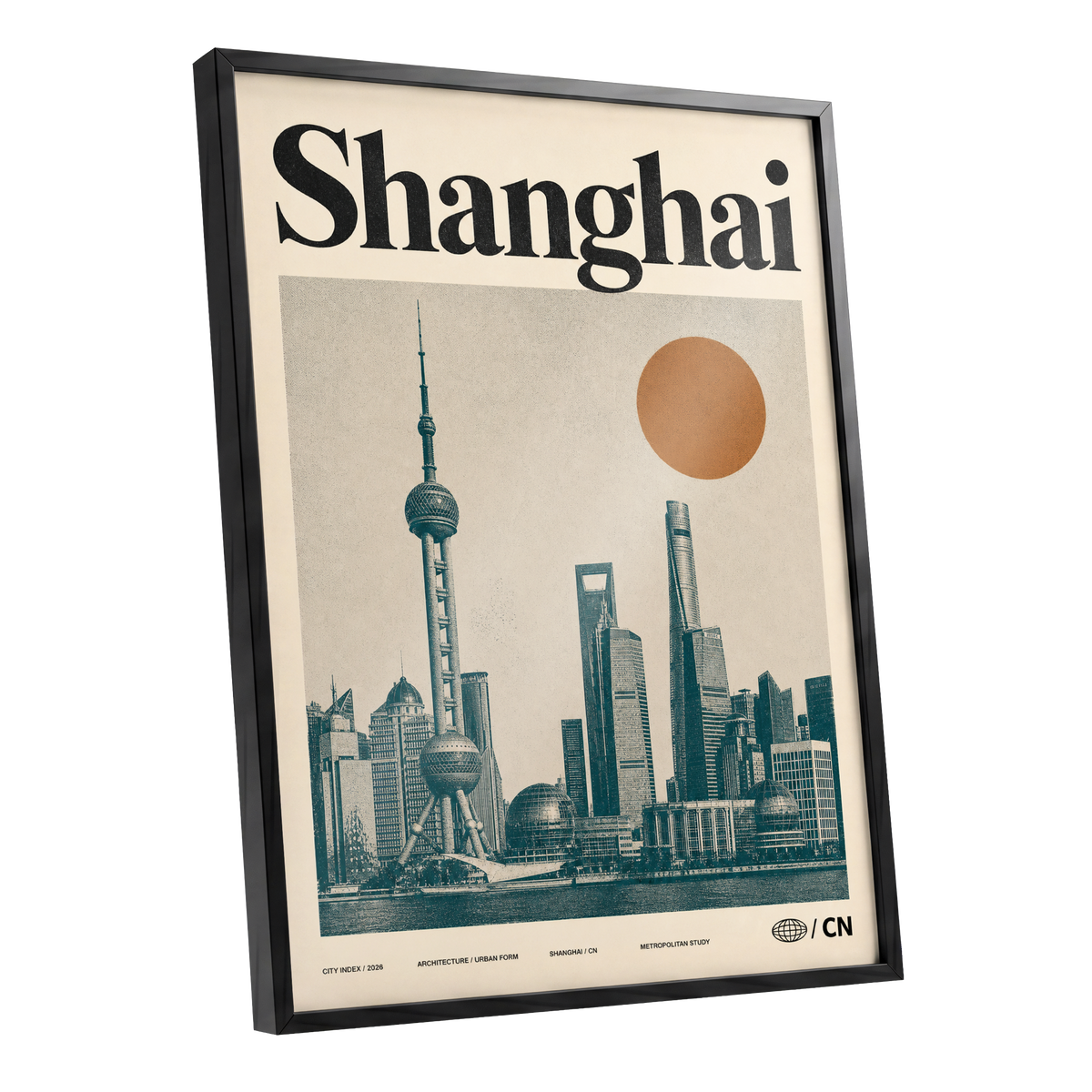 Shanghai Sun Study, beige, black, orange minimalist wall art shown as a black framed poster wall art print