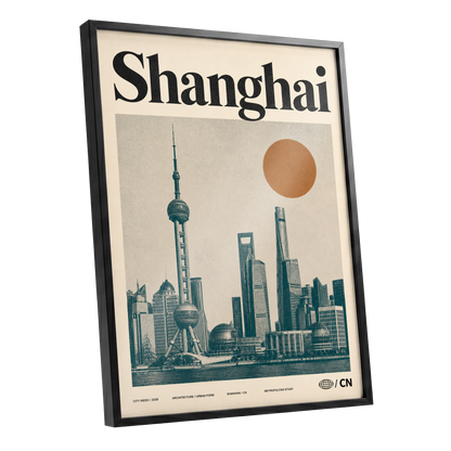 Shanghai Sun Study, beige, black, orange minimalist wall art shown as a black framed poster wall art print
