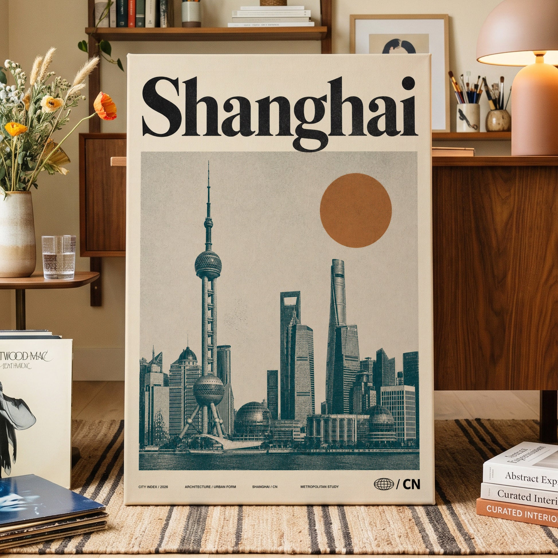 Shanghai Sun Study, beige, black, orange minimalist wall art on canvas displayed in a styled interior, gallery view 1