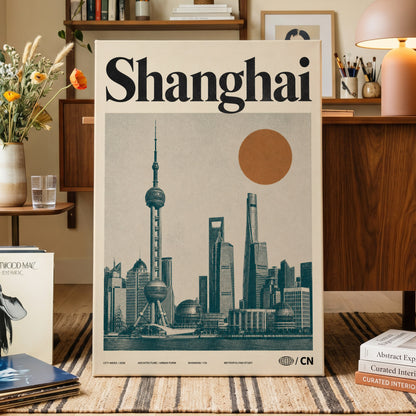 Shanghai Sun Study, beige, black, orange minimalist wall art on canvas displayed in a styled interior, gallery view 1